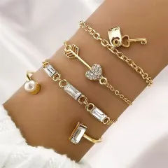 Key Pearl Arrow Heart Charm Cuff Bangle Bracelet Set